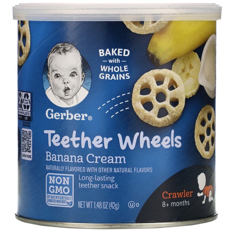 Gerber‏, وجبة خفيفة على شكل عجلات لمرحة التسنين، للأطفال بعمر 8 شهور فما فوق، بكريمة الموز، 1.48 أونصة (42 جم)